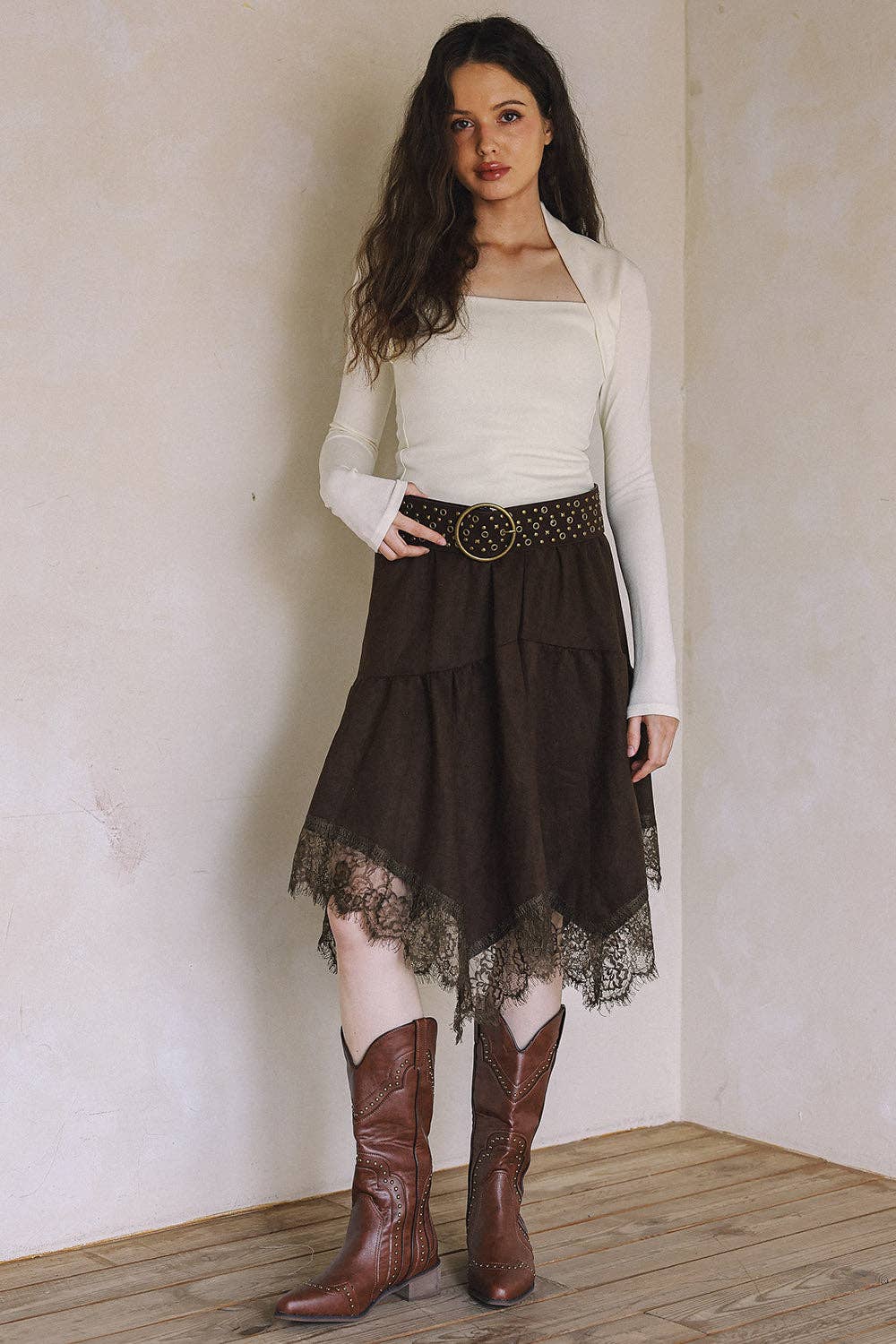 Lace Trim Faux Suede Asymmetrical Skirt - black
