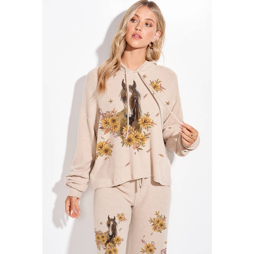 Horse Sunflower Print Rib Hoodie Loungewear Set : BLUSH