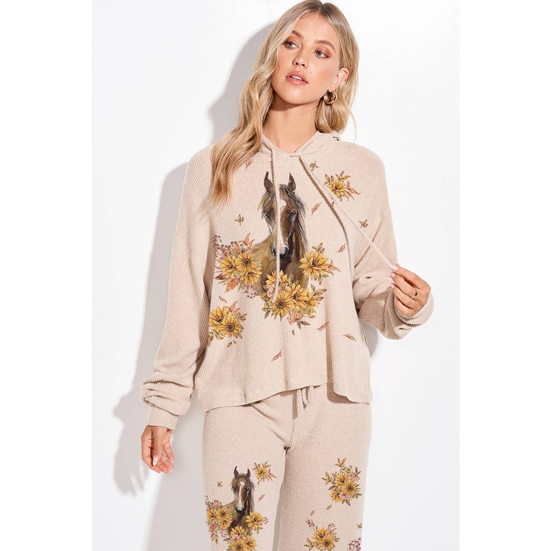 Horse Sunflower Print Rib Hoodie Loungewear Set : BLUSH