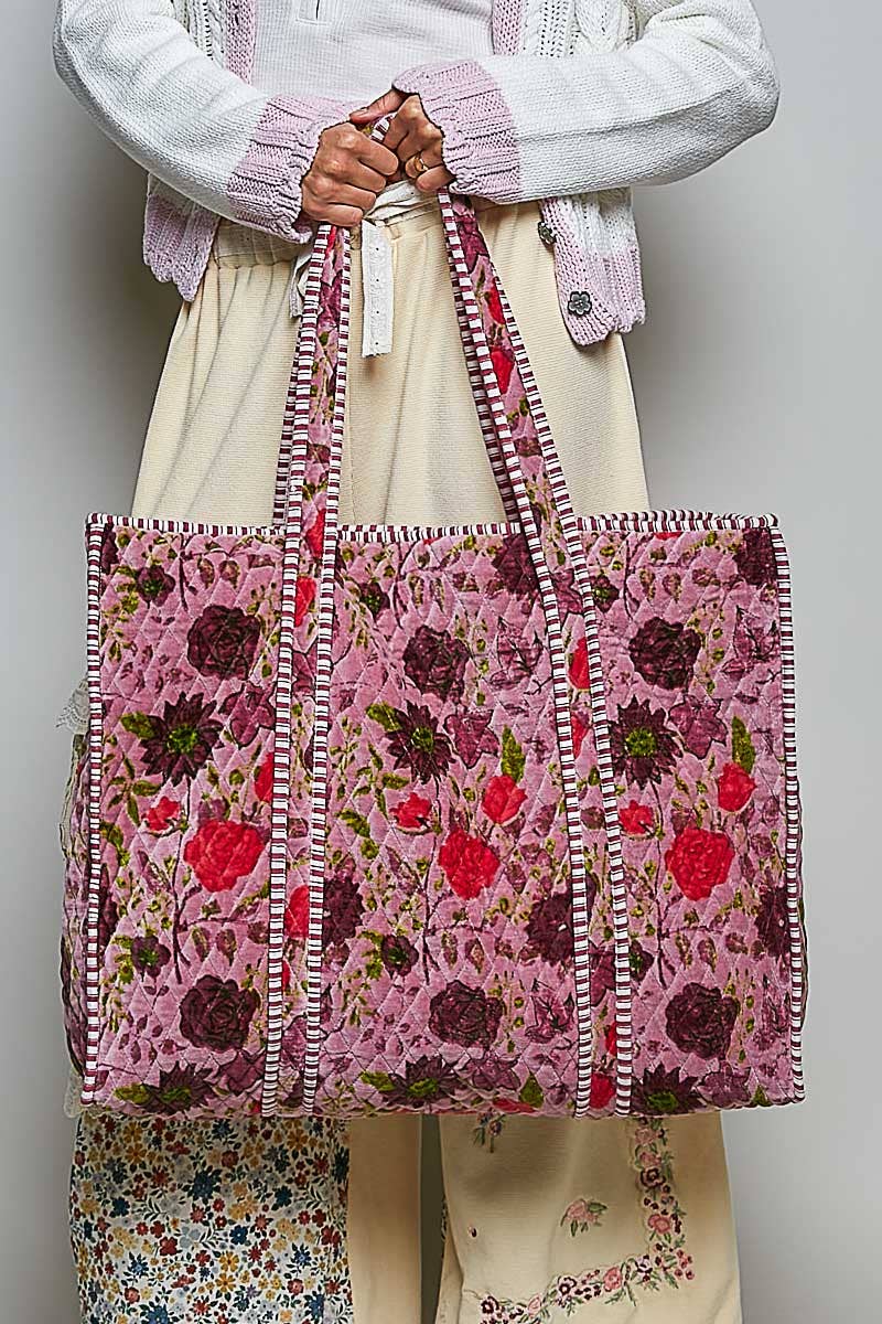 Botanical Velvet Quilted Oversized Weekender Tote Bag: FUCHSIA