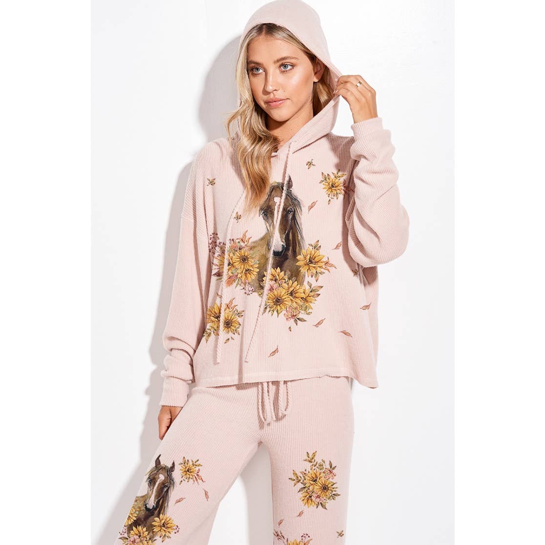 Horse Sunflower Print Rib Hoodie Loungewear Set : BLUSH