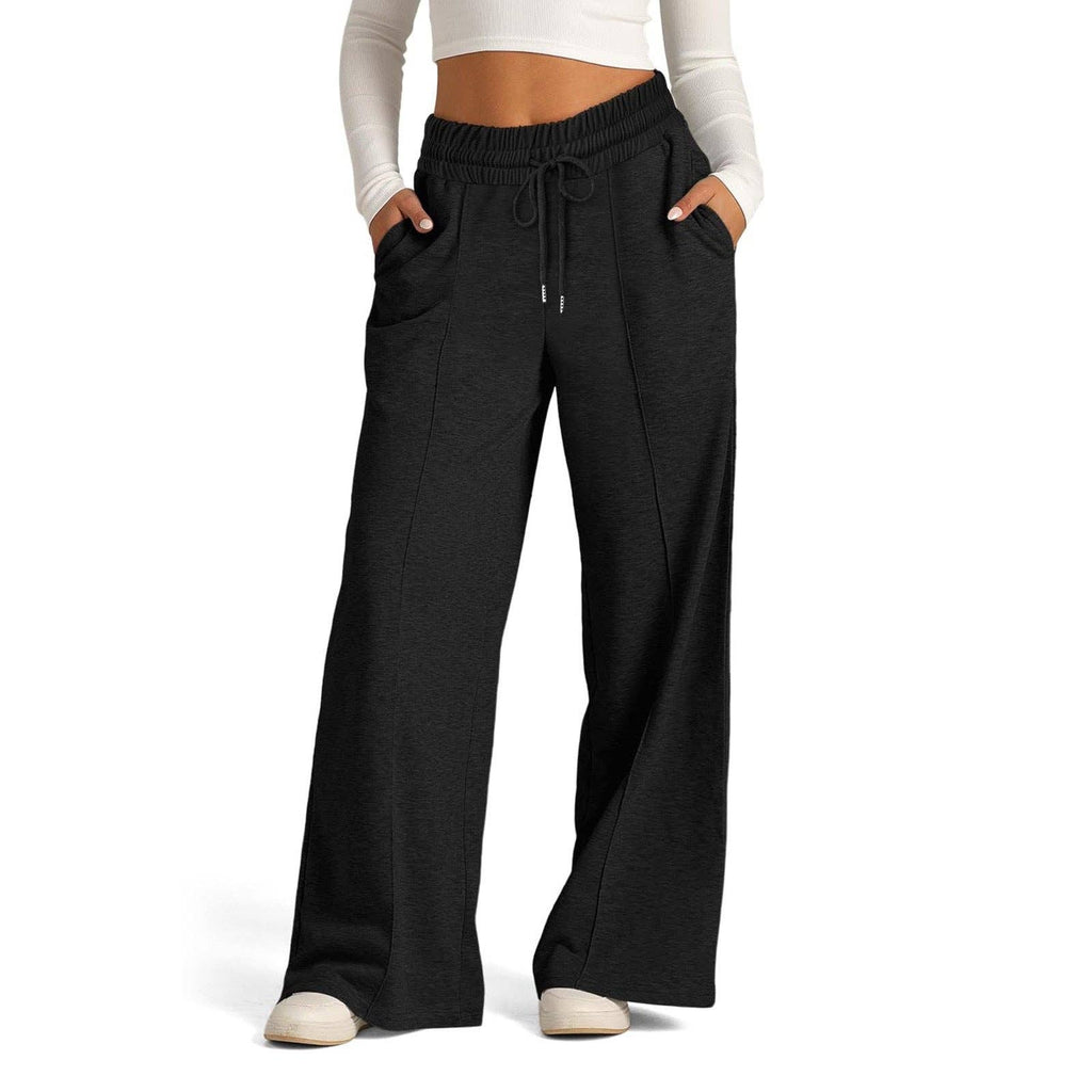Women’s Wide Leg Pants High Waist Drawstring Casual Trousers: Black