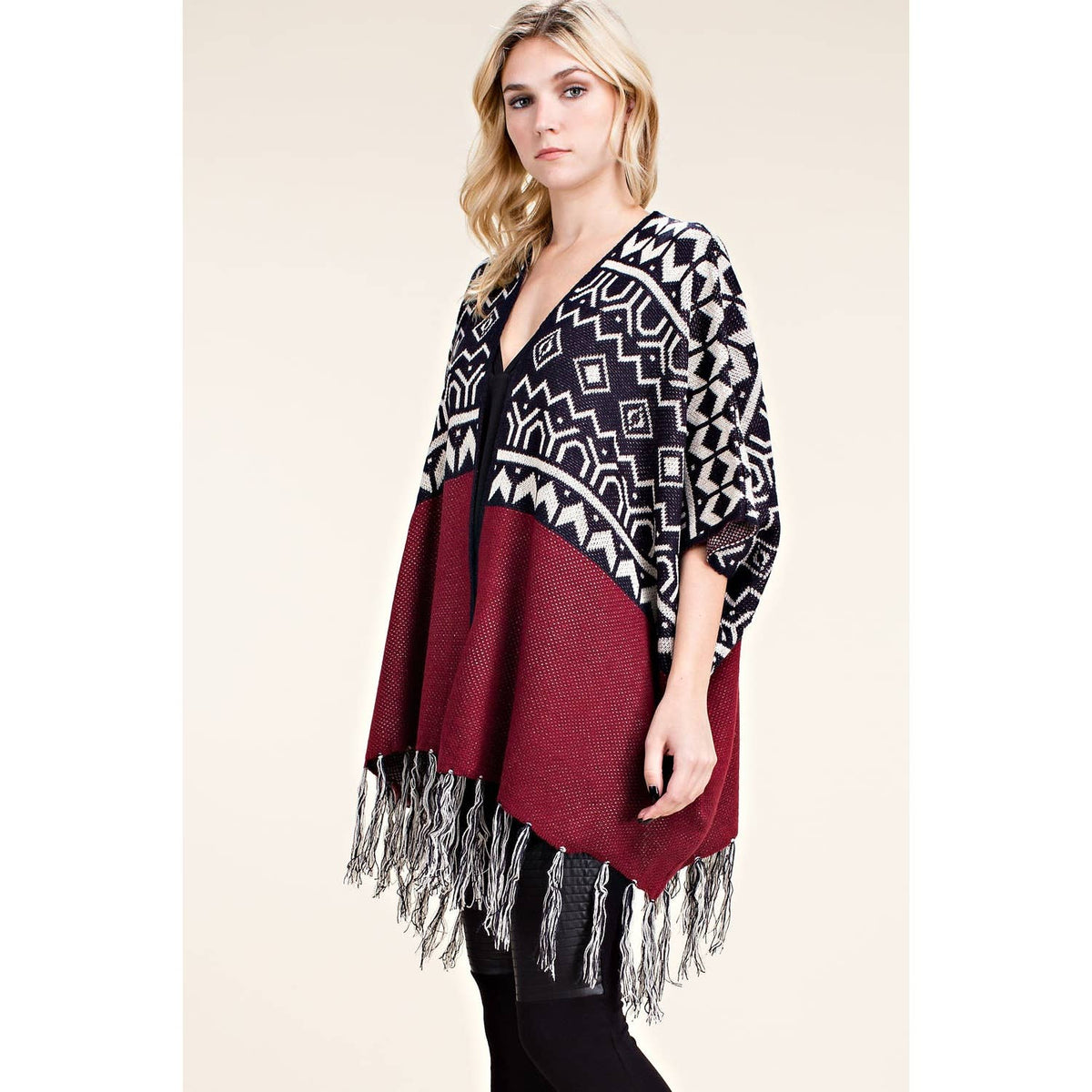SWEATER WRAP CARDIGAN WITH FRINGE - Burgandy