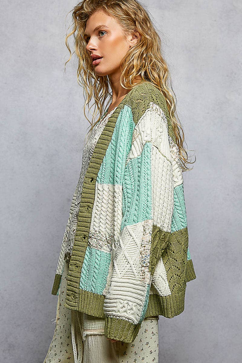 Color block pattern patch sweater cardigan: MINT/OLIVE