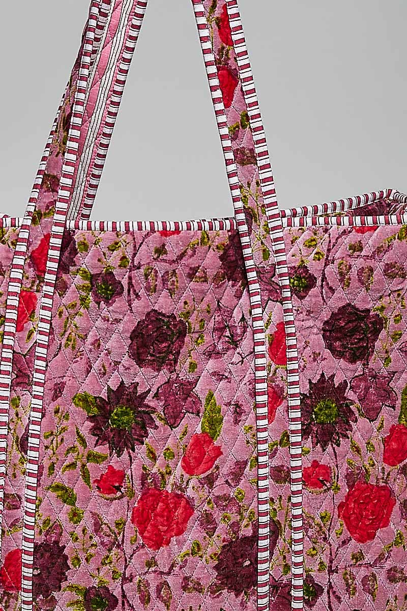 Botanical Velvet Quilted Oversized Weekender Tote Bag: FUCHSIA