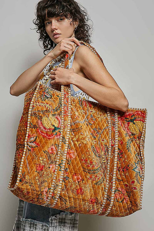 Botanical Velvet Quilted Oversized Weekender Tote Bag: FUCHSIA