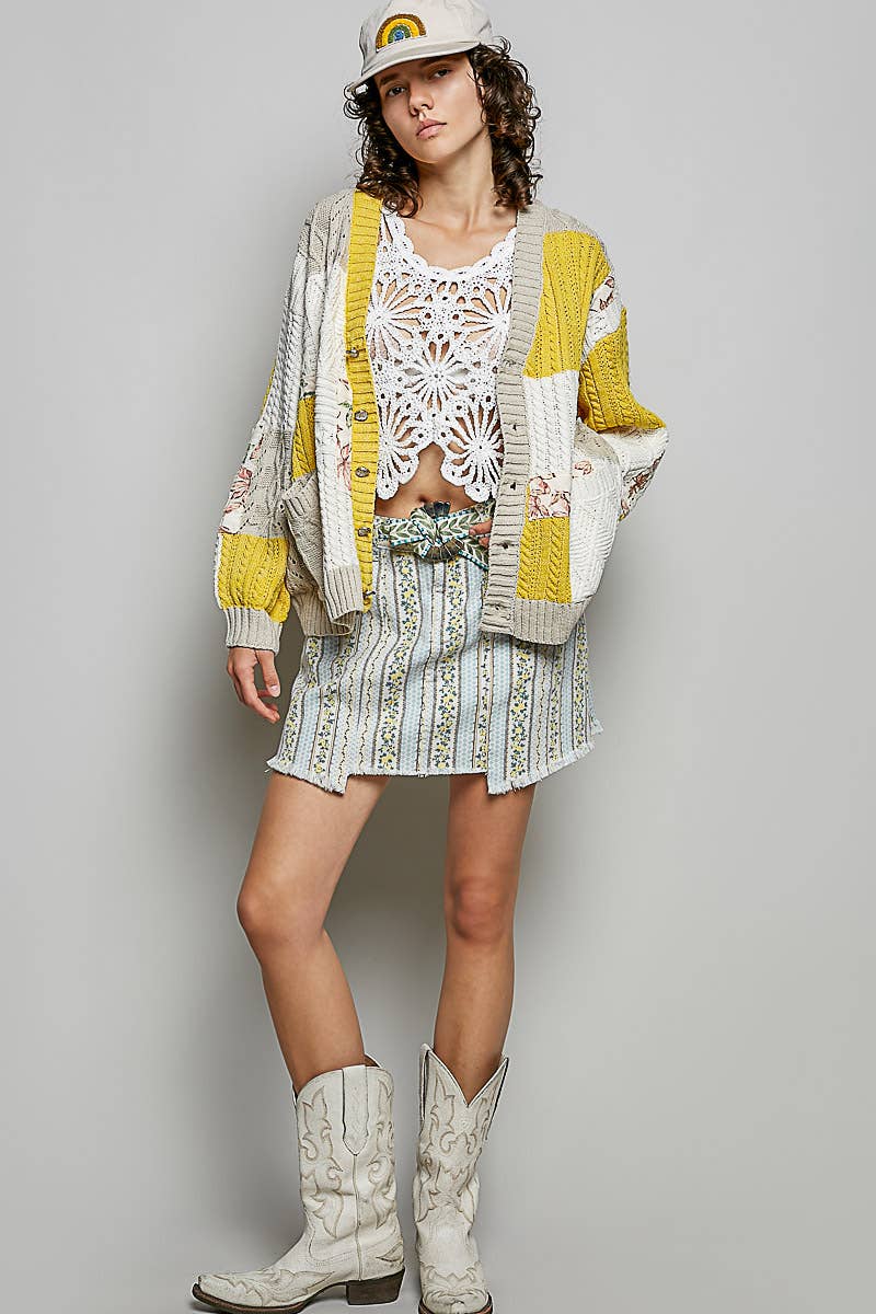 Color block pattern patch sweater cardigan: MINT/OLIVE