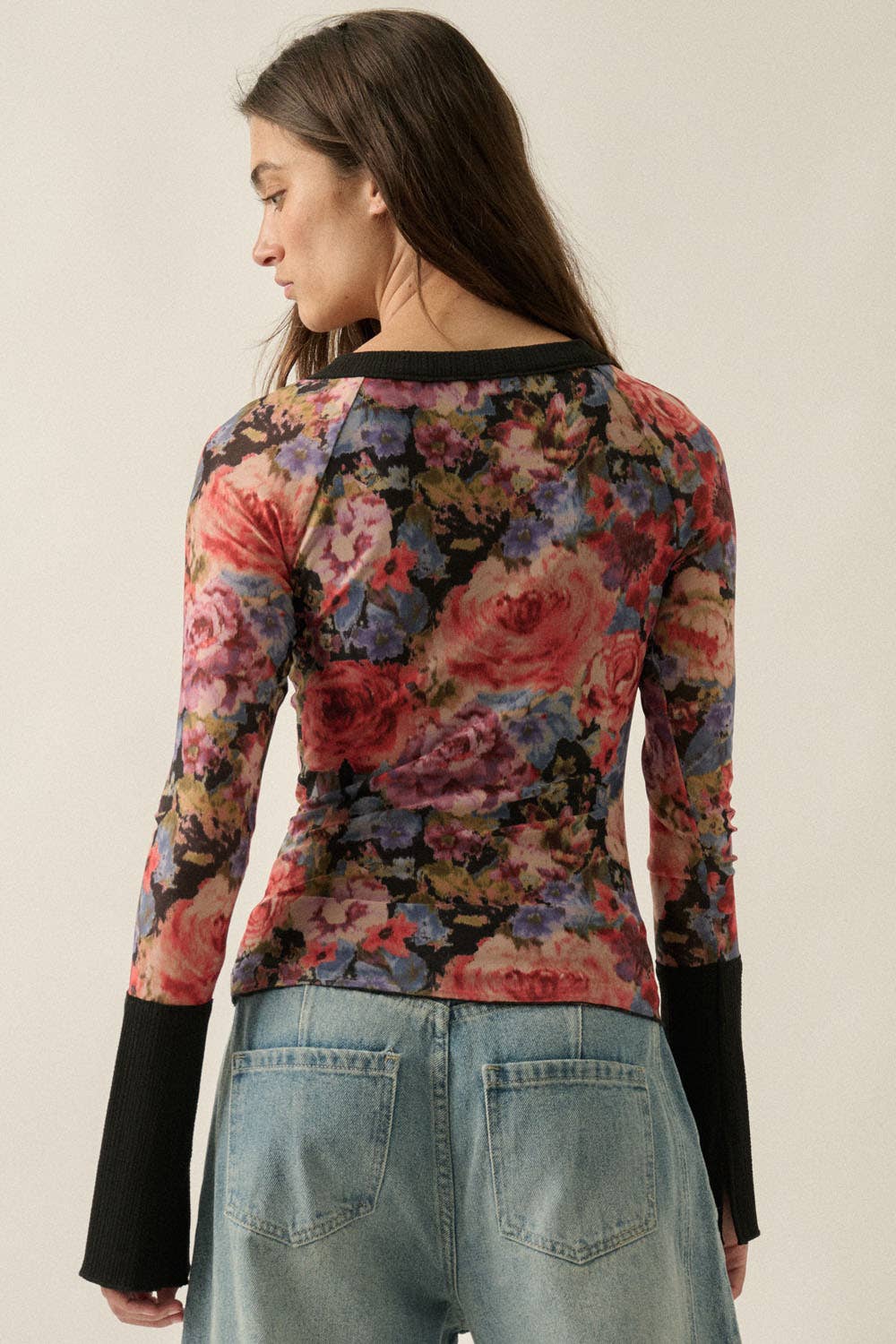 Floral Print Mesh Split Cuff Raglan Sleeve Henley Top: Black