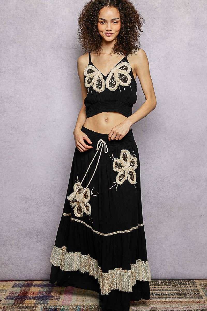 Smocked Waist Ruffle Embroidered Fringe Long Skirt: Black