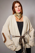 Western Horse Belted Cardigan Sweater: ALMOND BEIGE