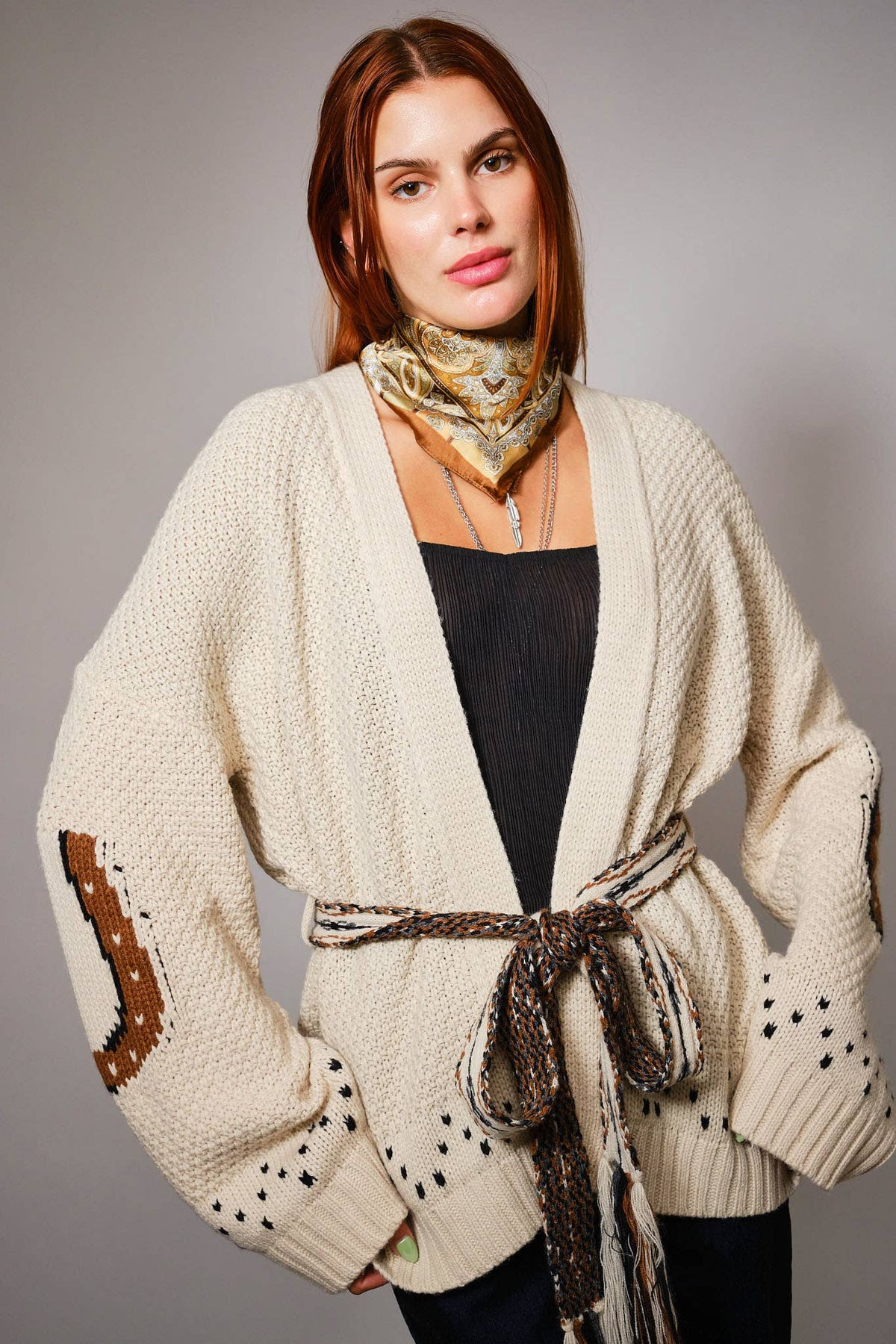 Western Horse Belted Cardigan Sweater: ALMOND BEIGE