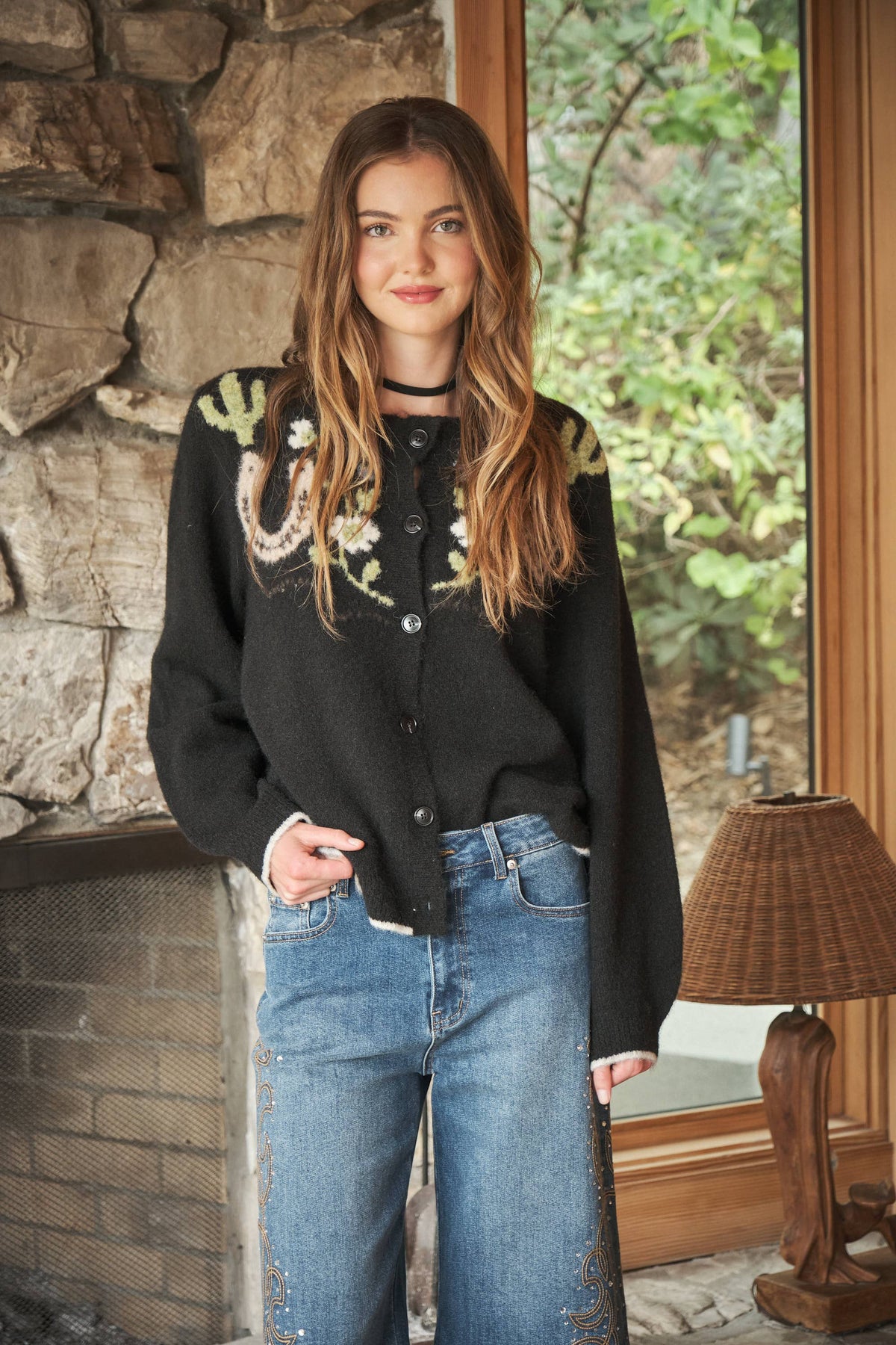 Western Horses & Horseshoe Cardigan Sweater: Charcoal Black