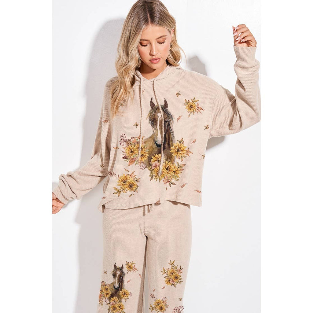 Horse Sunflower Print Rib Hoodie Loungewear Set : BLUSH