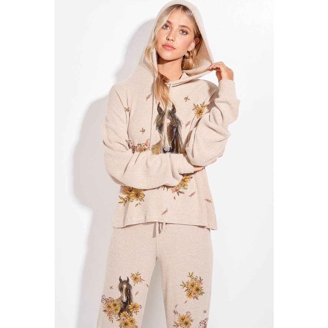 Horse Sunflower Print Rib Hoodie Loungewear Set : BLUSH