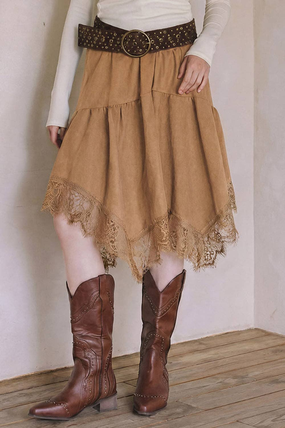 Lace Trim Faux Suede Asymmetrical Skirt - black