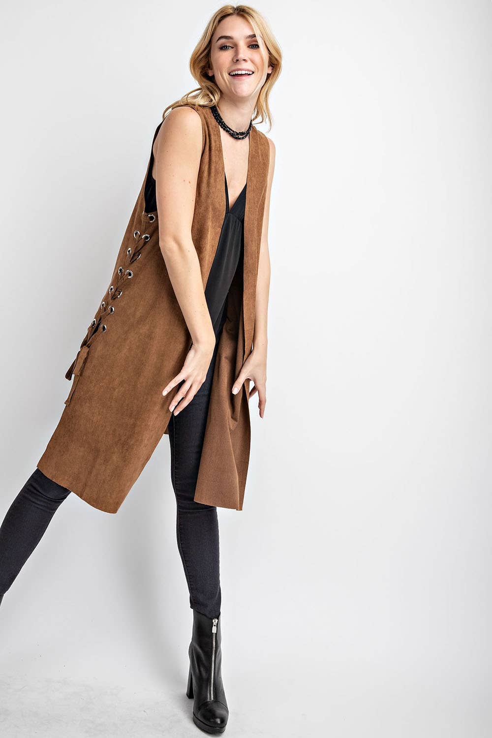 Long Faux Suede Vest with Side Lace Up: Camel