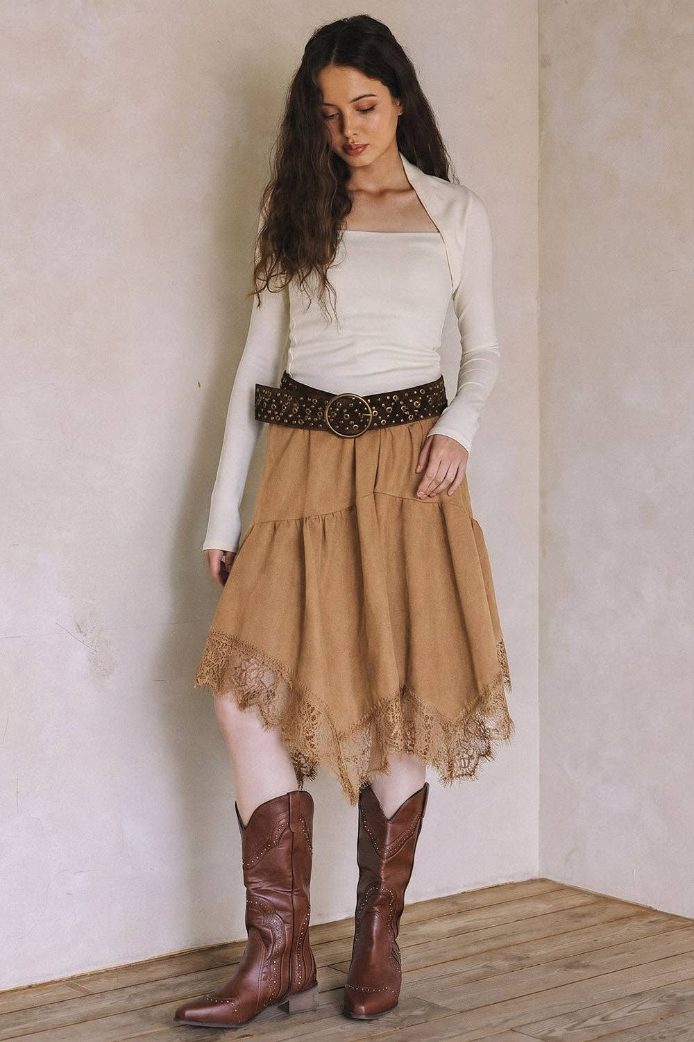 Lace Trim Faux Suede Asymmetrical Skirt - black