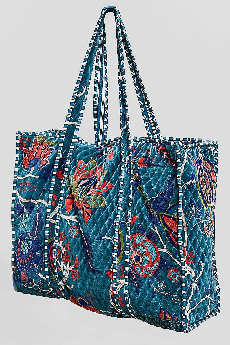 Botanical Velvet Quilted Oversized Weekender Tote Bag: FUCHSIA