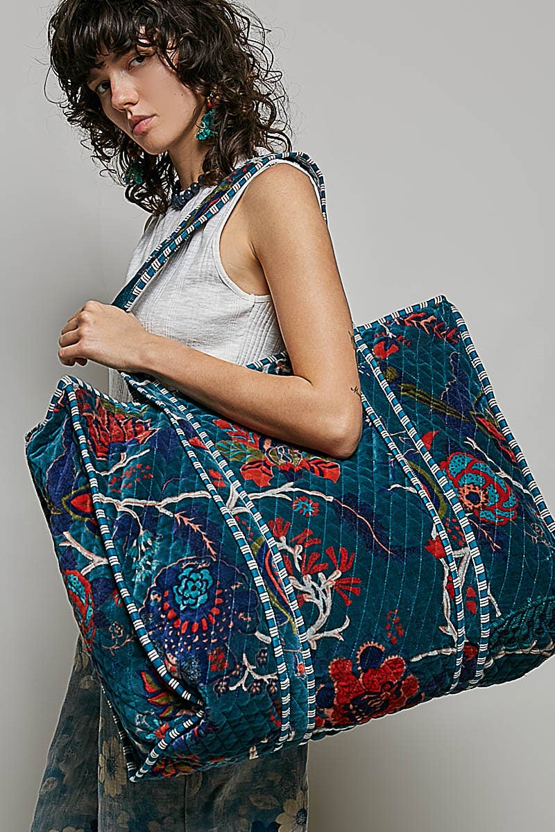 Botanical Velvet Quilted Oversized Weekender Tote Bag: FUCHSIA