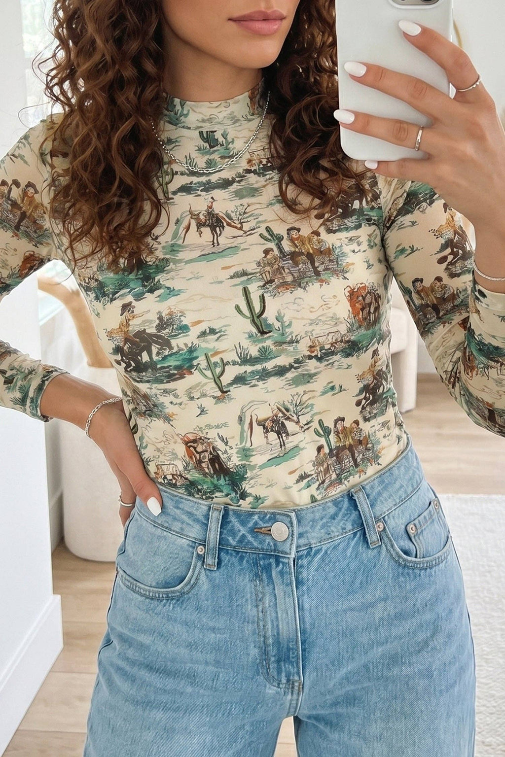 Western Print Long Sleeve Round Neck Top - Green