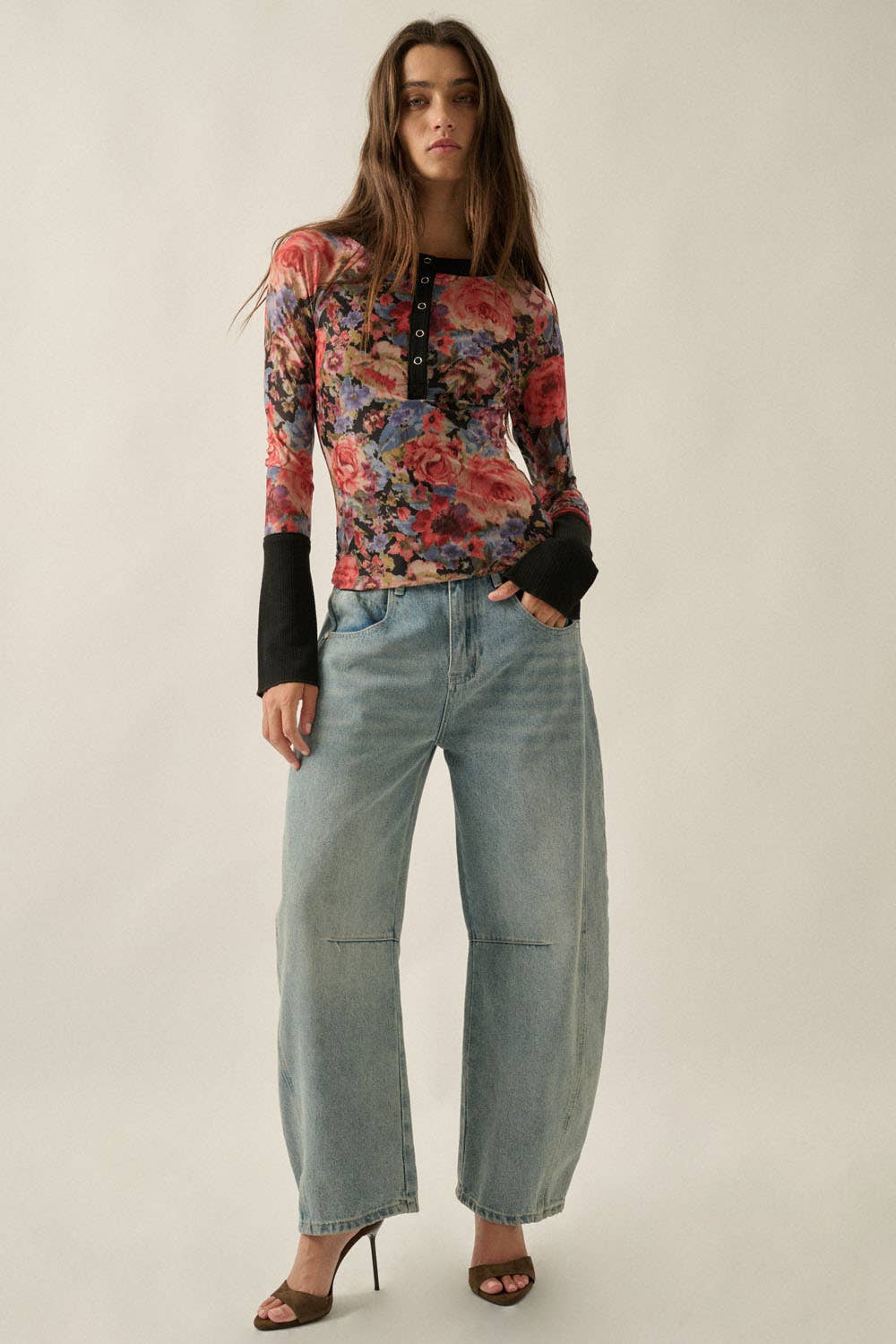 Floral Print Mesh Split Cuff Raglan Sleeve Henley Top: Black