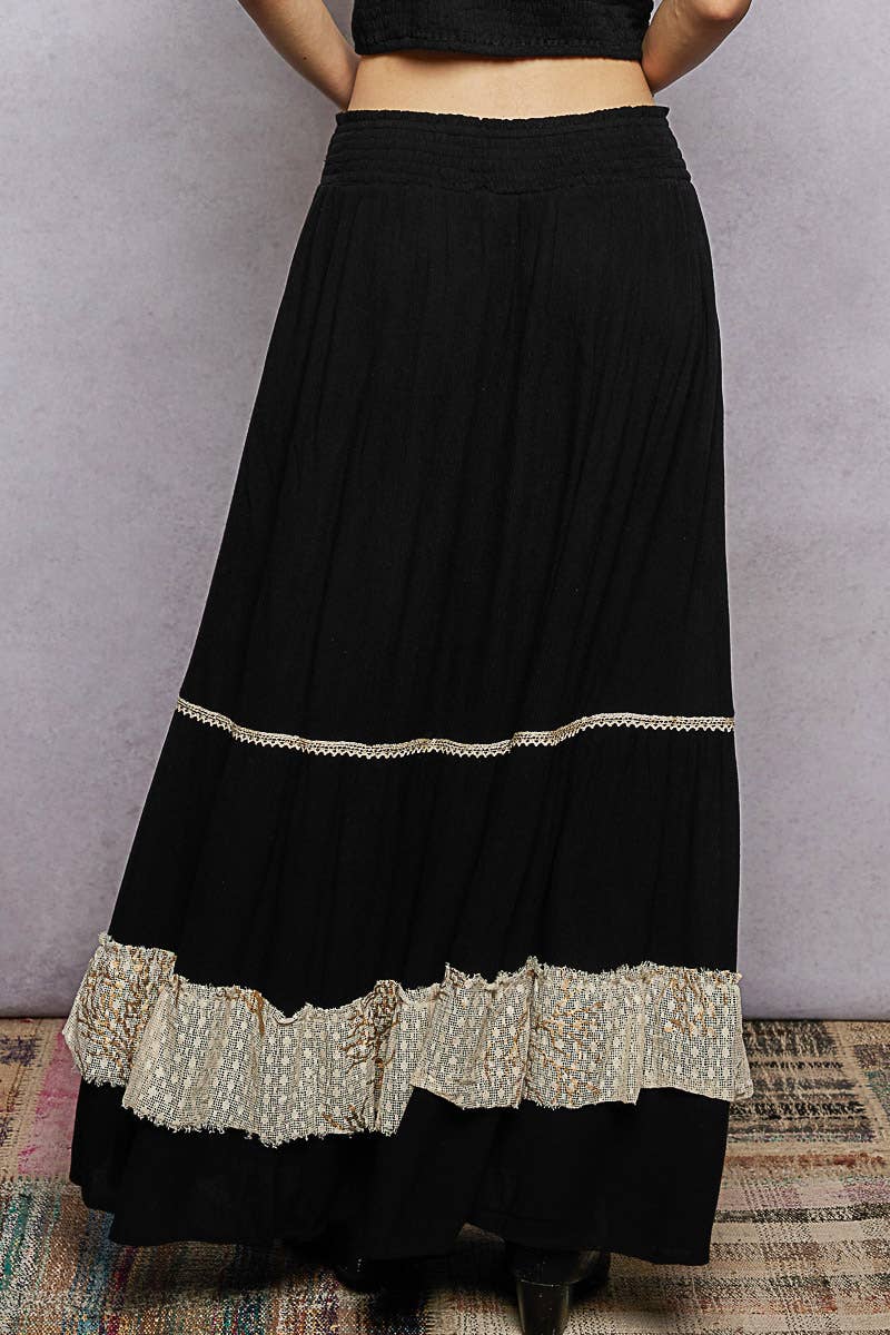 Smocked Waist Ruffle Embroidered Fringe Long Skirt: Black
