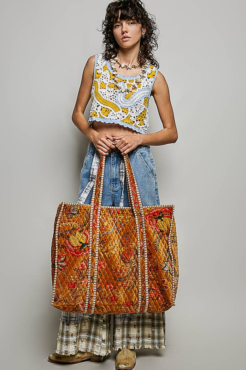 Botanical Velvet Quilted Oversized Weekender Tote Bag: FUCHSIA
