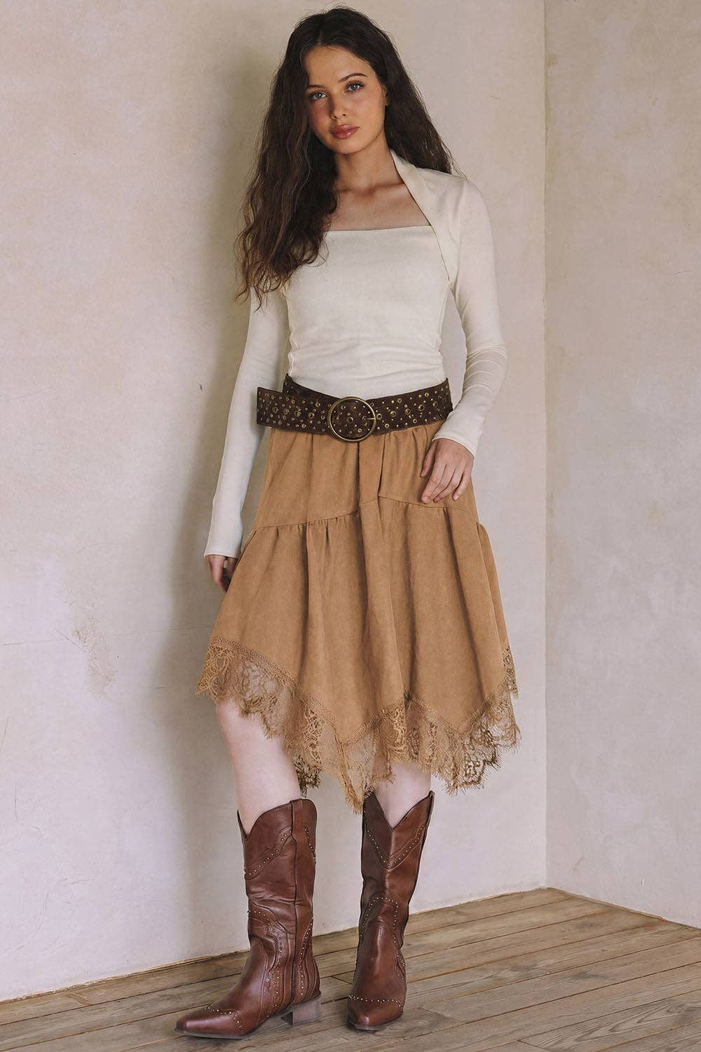 Lace Trim Faux Suede Asymmetrical Skirt - black