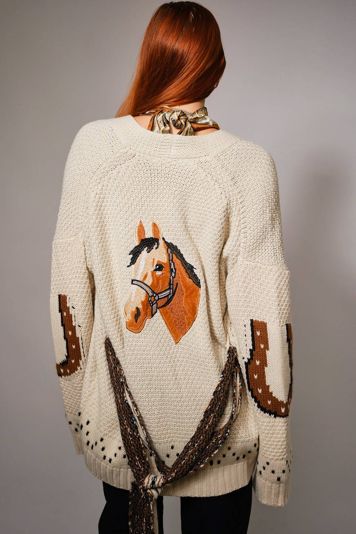 Western Horse Belted Cardigan Sweater: ALMOND BEIGE