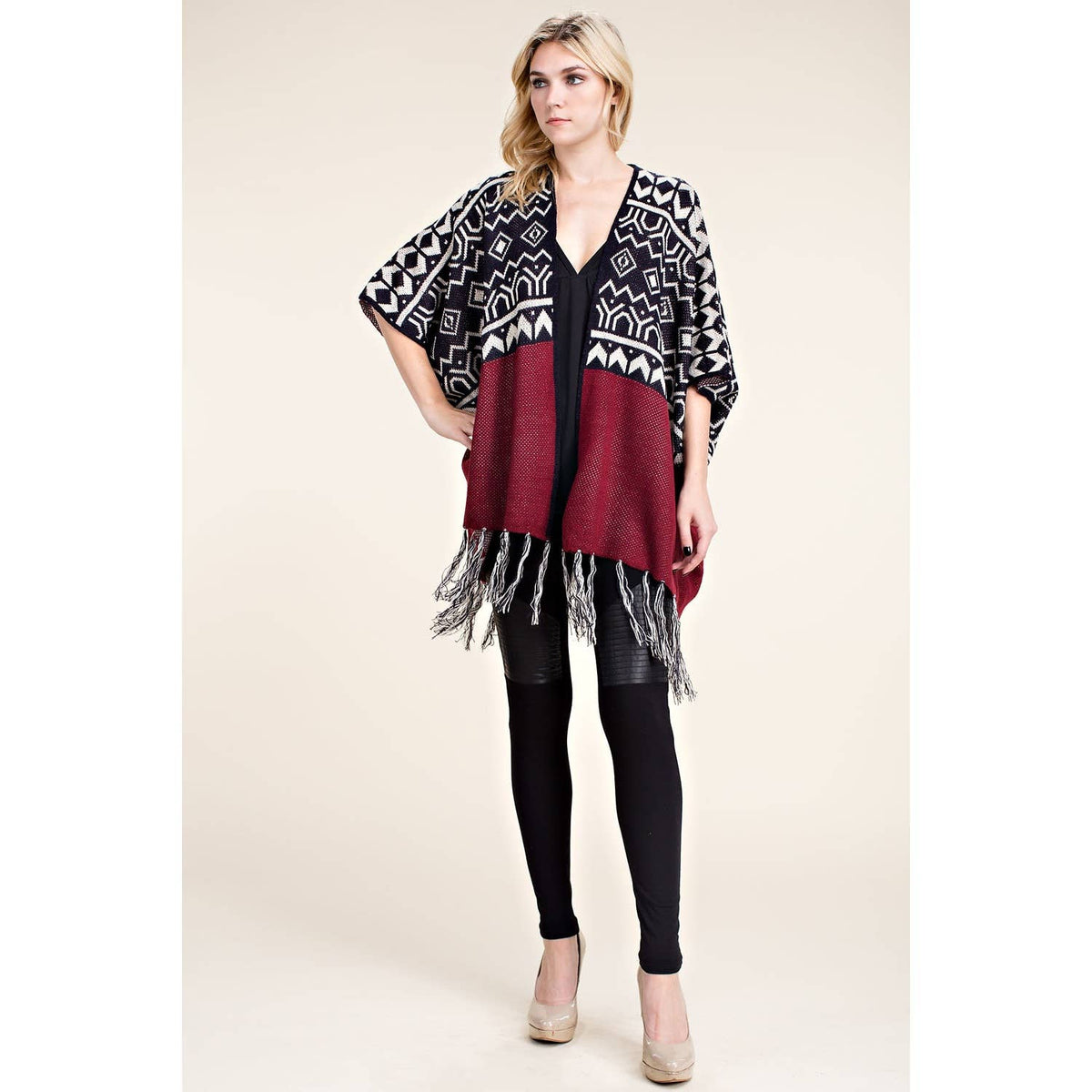 SWEATER WRAP CARDIGAN WITH FRINGE - Burgandy