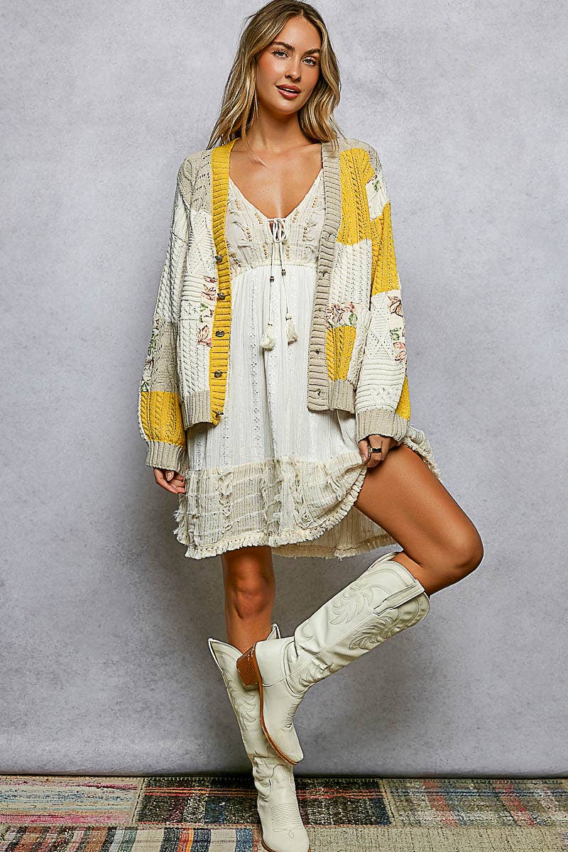 Color block pattern patch sweater cardigan: MINT/OLIVE