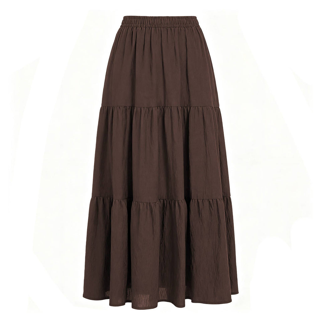 Western Vintage Lining Layered Denim Skirt - Brown