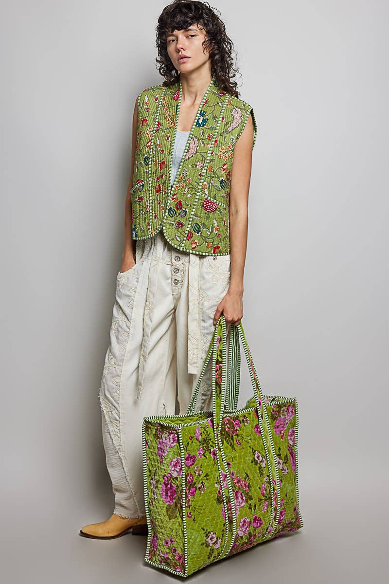 Botanical Velvet Quilted Oversized Weekender Tote Bag: FUCHSIA
