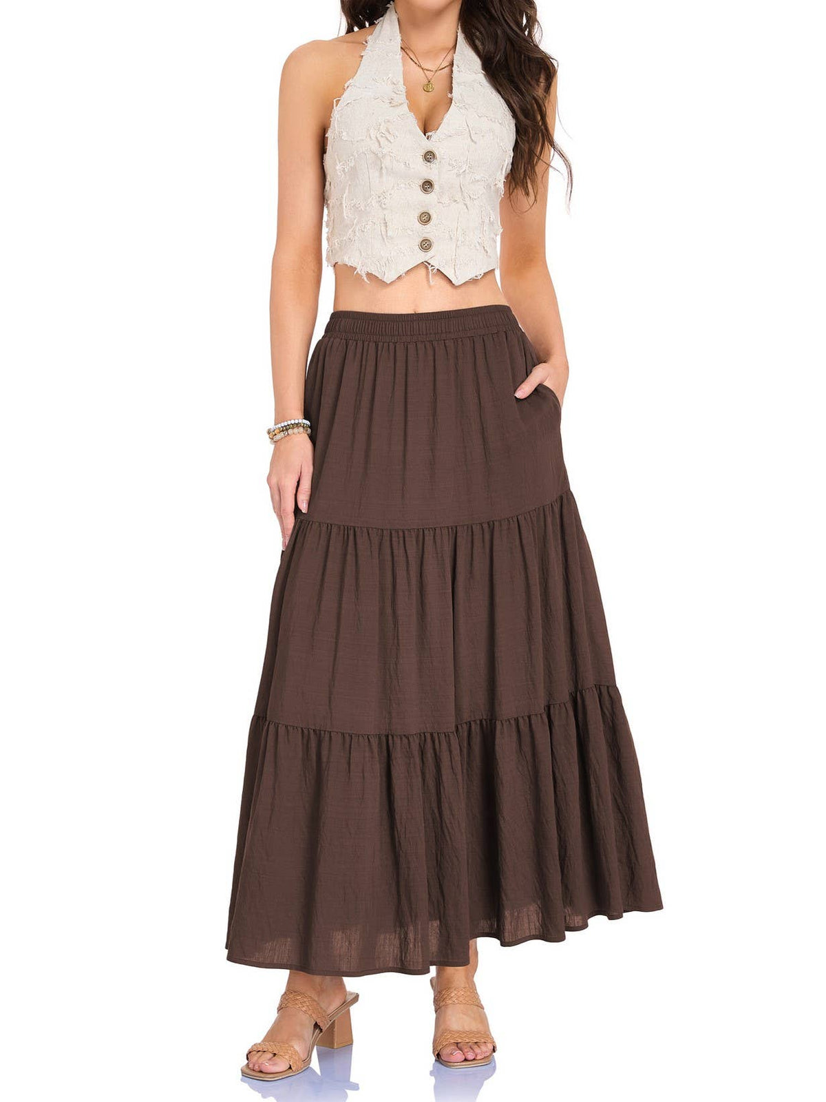Western Vintage Lining Layered Denim Skirt - Brown