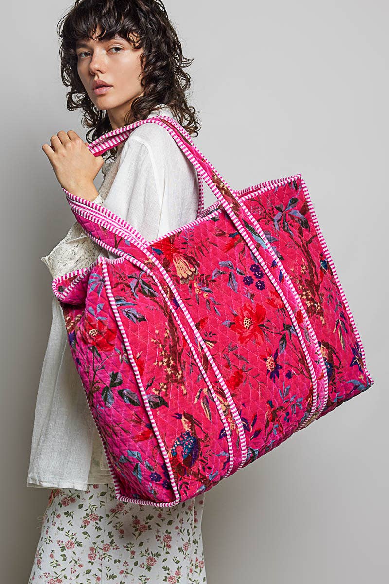 Botanical Velvet Quilted Oversized Weekender Tote Bag: FUCHSIA