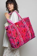 Botanical Velvet Quilted Oversized Weekender Tote Bag: FUCHSIA