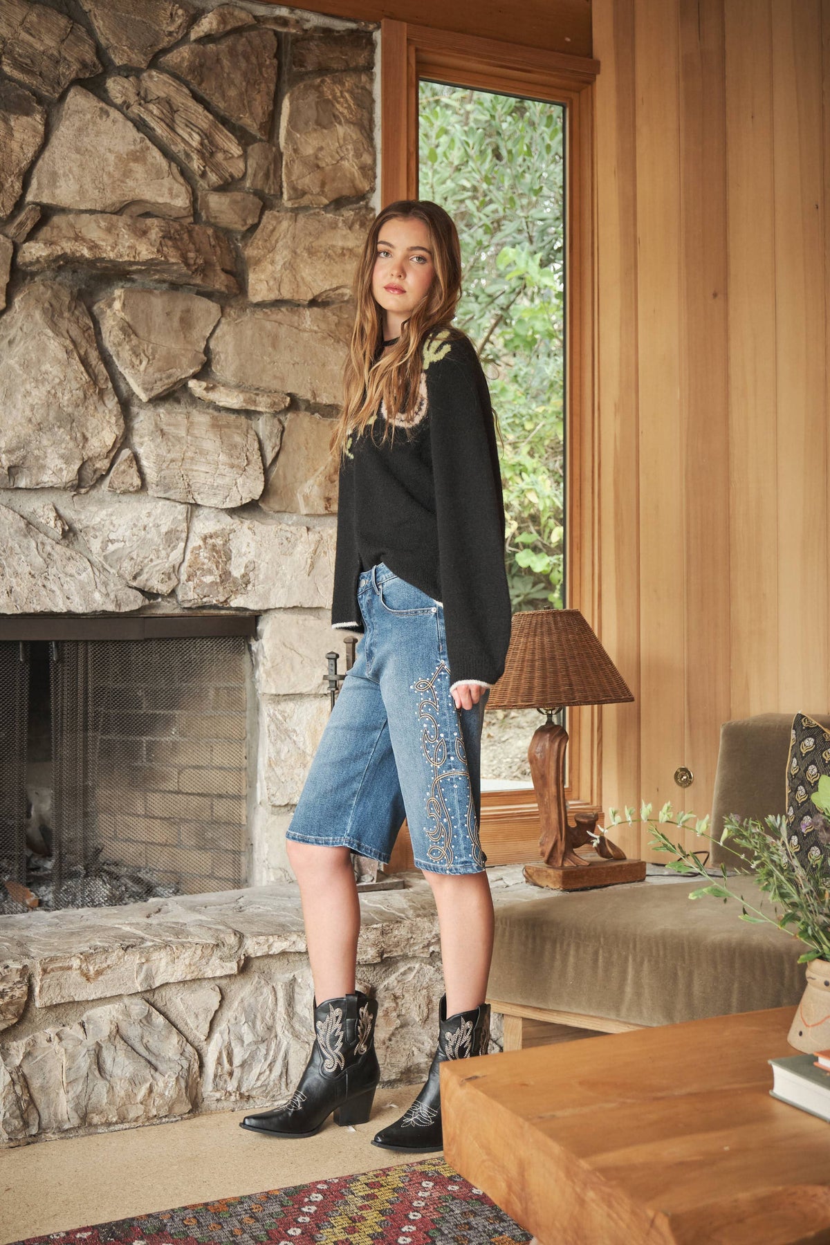 Western Horses & Horseshoe Cardigan Sweater: Charcoal Black