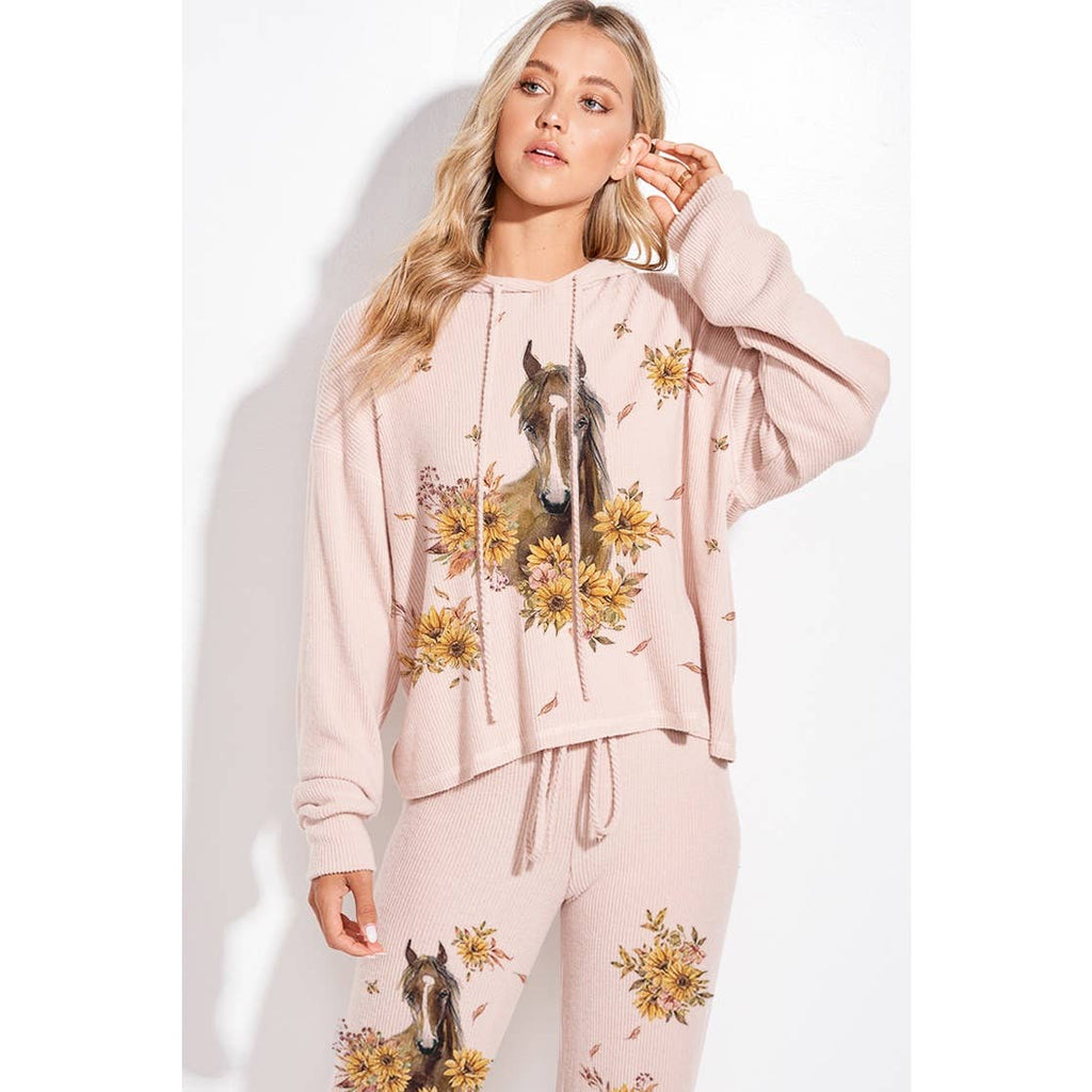 Horse Sunflower Print Rib Hoodie Loungewear Set : BLUSH