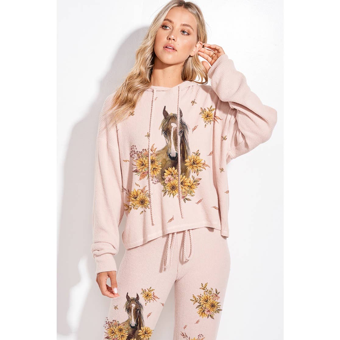 Horse Sunflower Print Rib Hoodie Loungewear Set : BLUSH