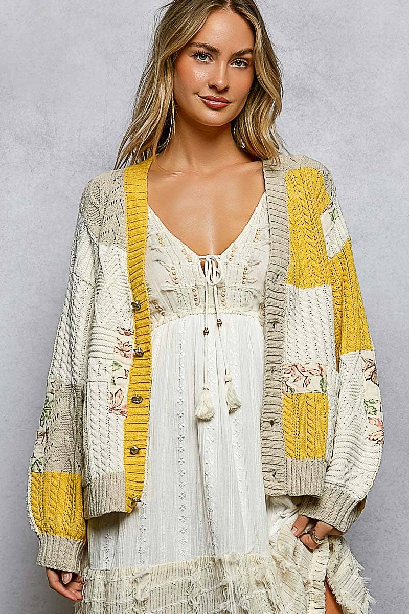Color block pattern patch sweater cardigan: MINT/OLIVE