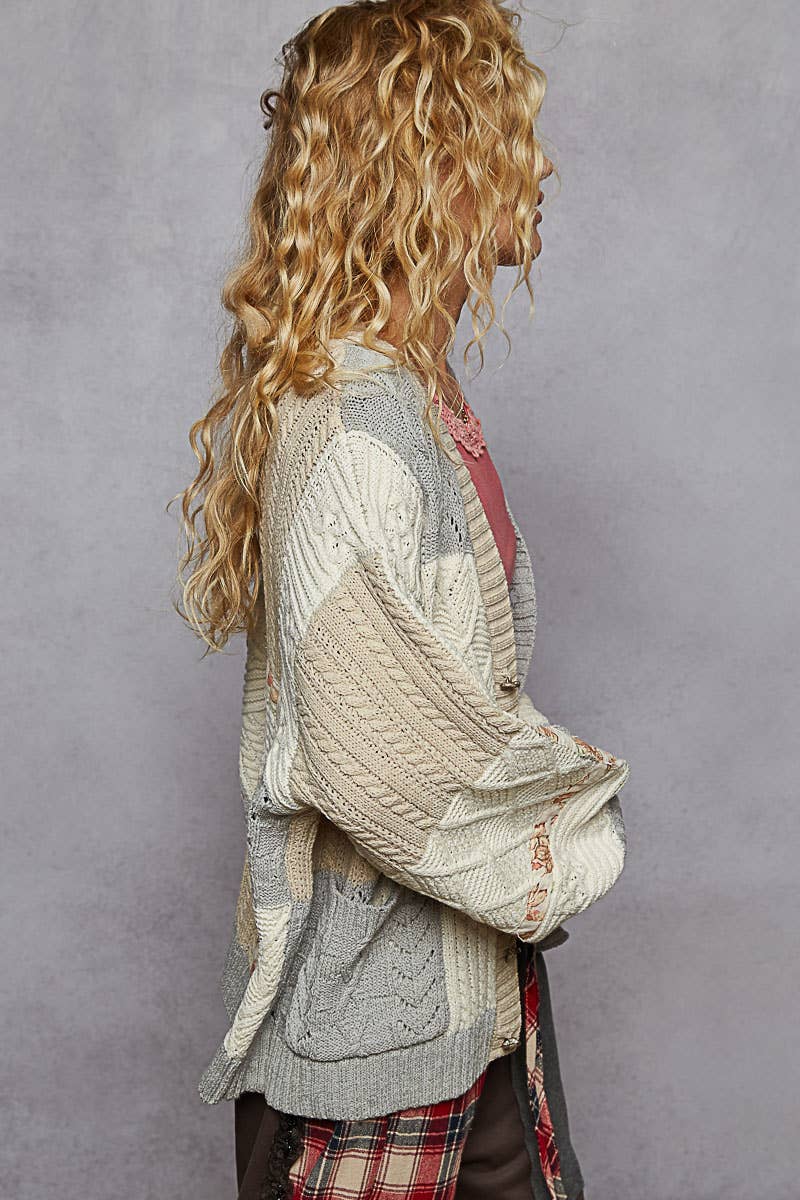 Color block pattern patch sweater cardigan: MINT/OLIVE