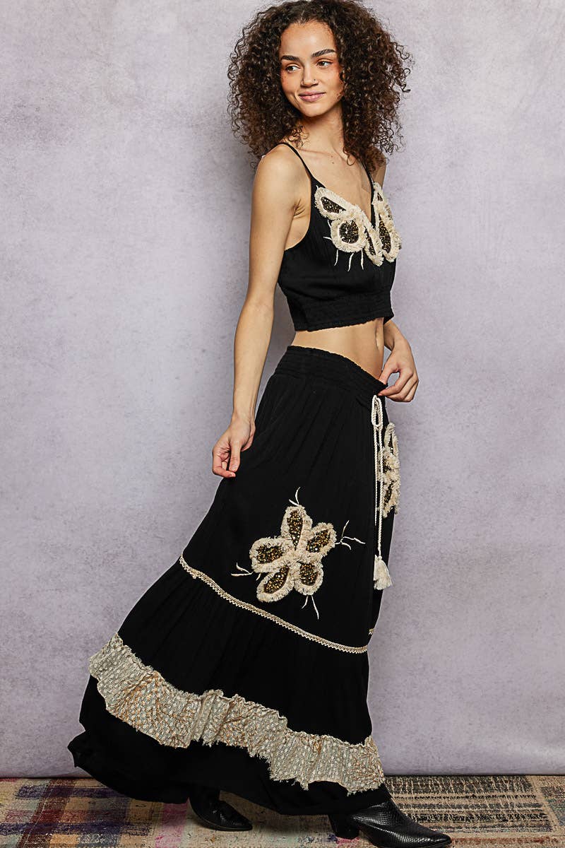 Smocked Waist Ruffle Embroidered Fringe Long Skirt: Black