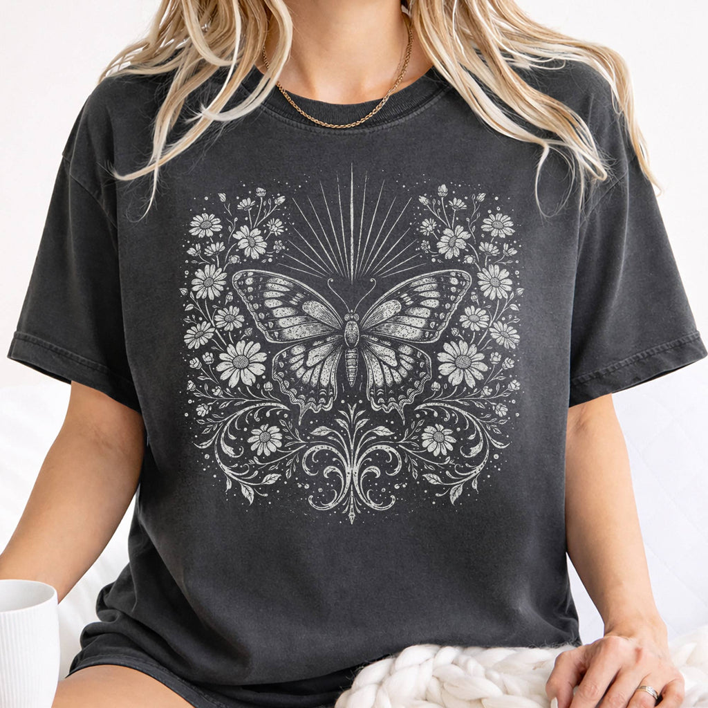 Boho Butterfly Nature Floral Graphic Tee: Black