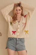 Ribbon Patched Button Sweater: Ivory Cream