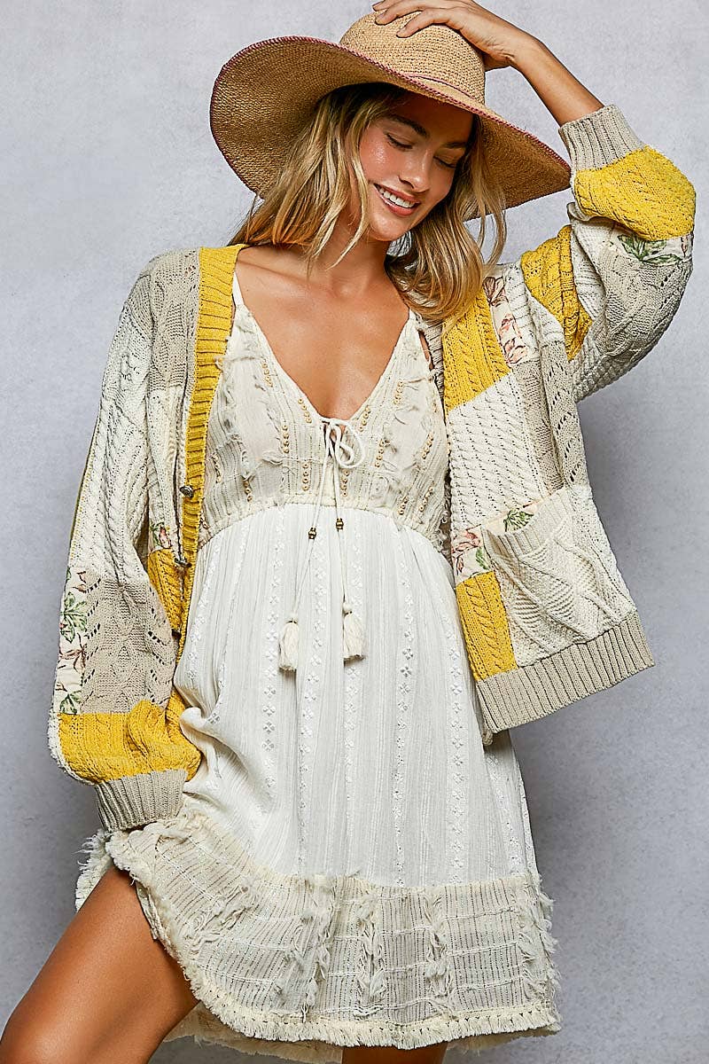 Color block pattern patch sweater cardigan: MINT/OLIVE