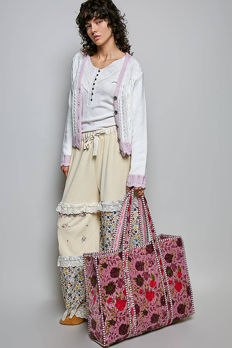 Botanical Velvet Quilted Oversized Weekender Tote Bag: FUCHSIA