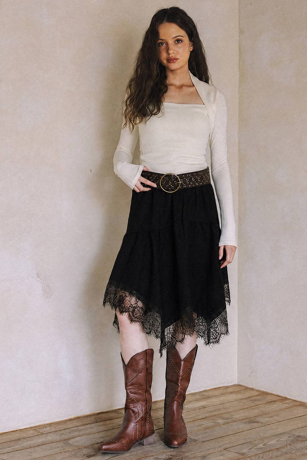 Lace Trim Faux Suede Asymmetrical Skirt - black