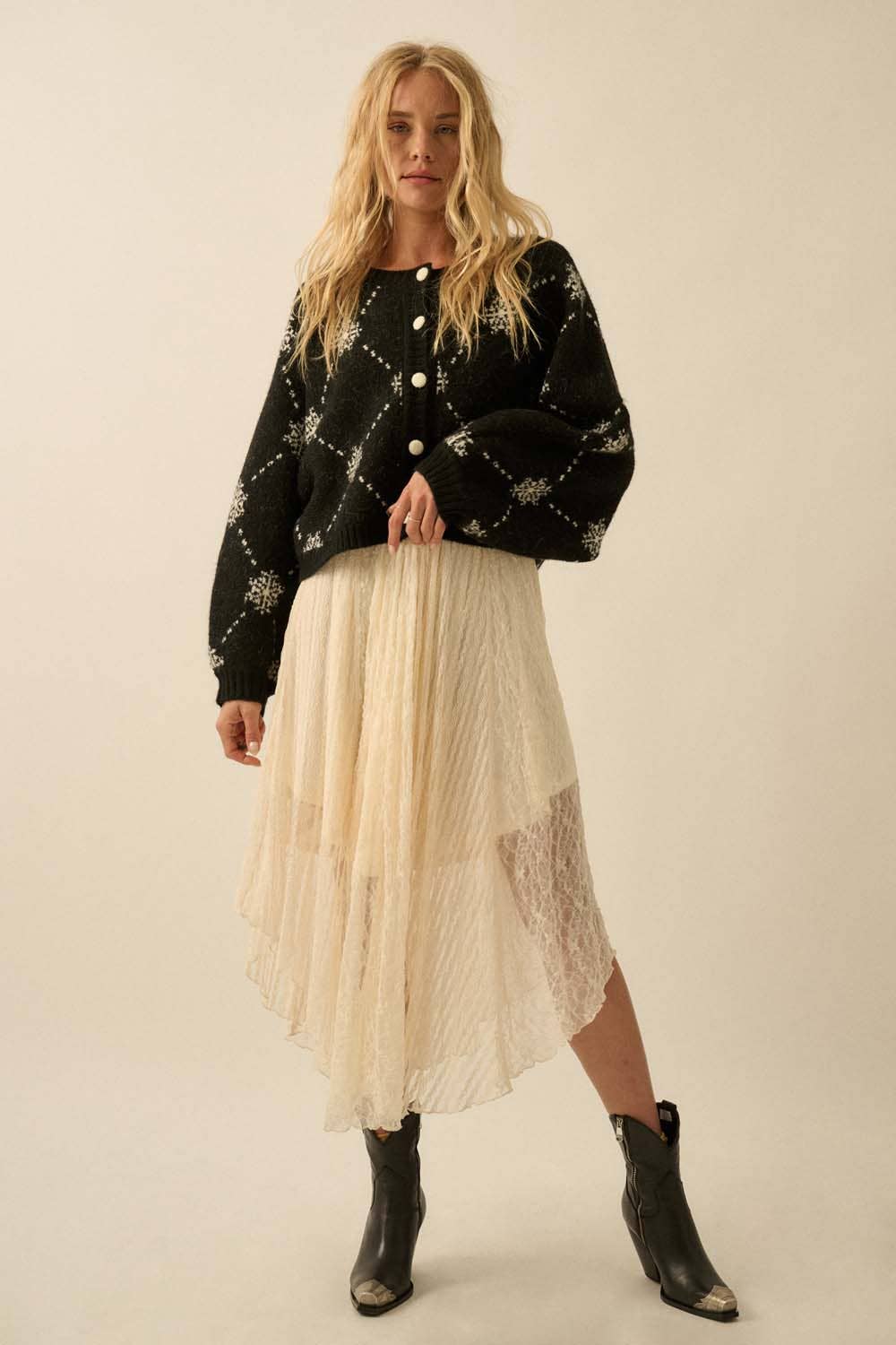 Snowflake Jacquard Knit Button-Up Dolman Sweater: Black