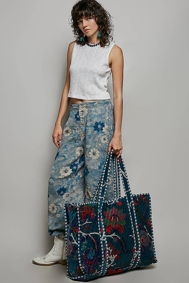 Botanical Velvet Quilted Oversized Weekender Tote Bag: FUCHSIA