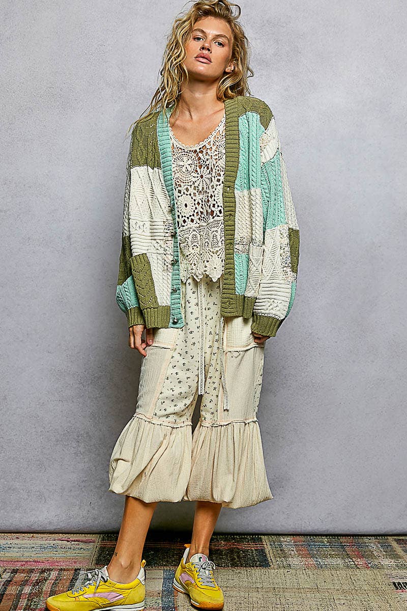 Color block pattern patch sweater cardigan: MINT/OLIVE